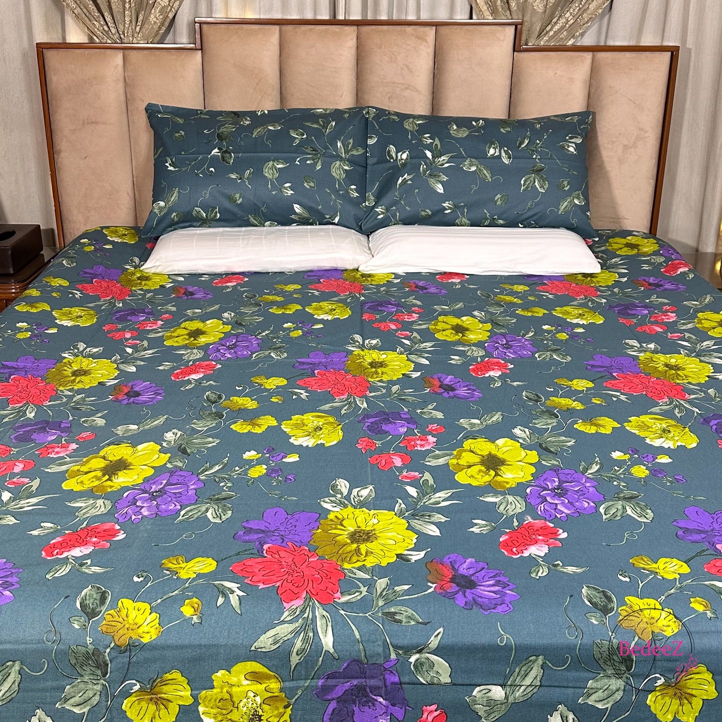 Vibrant Bloom Teal Floral Double Bed Bedsheet Set