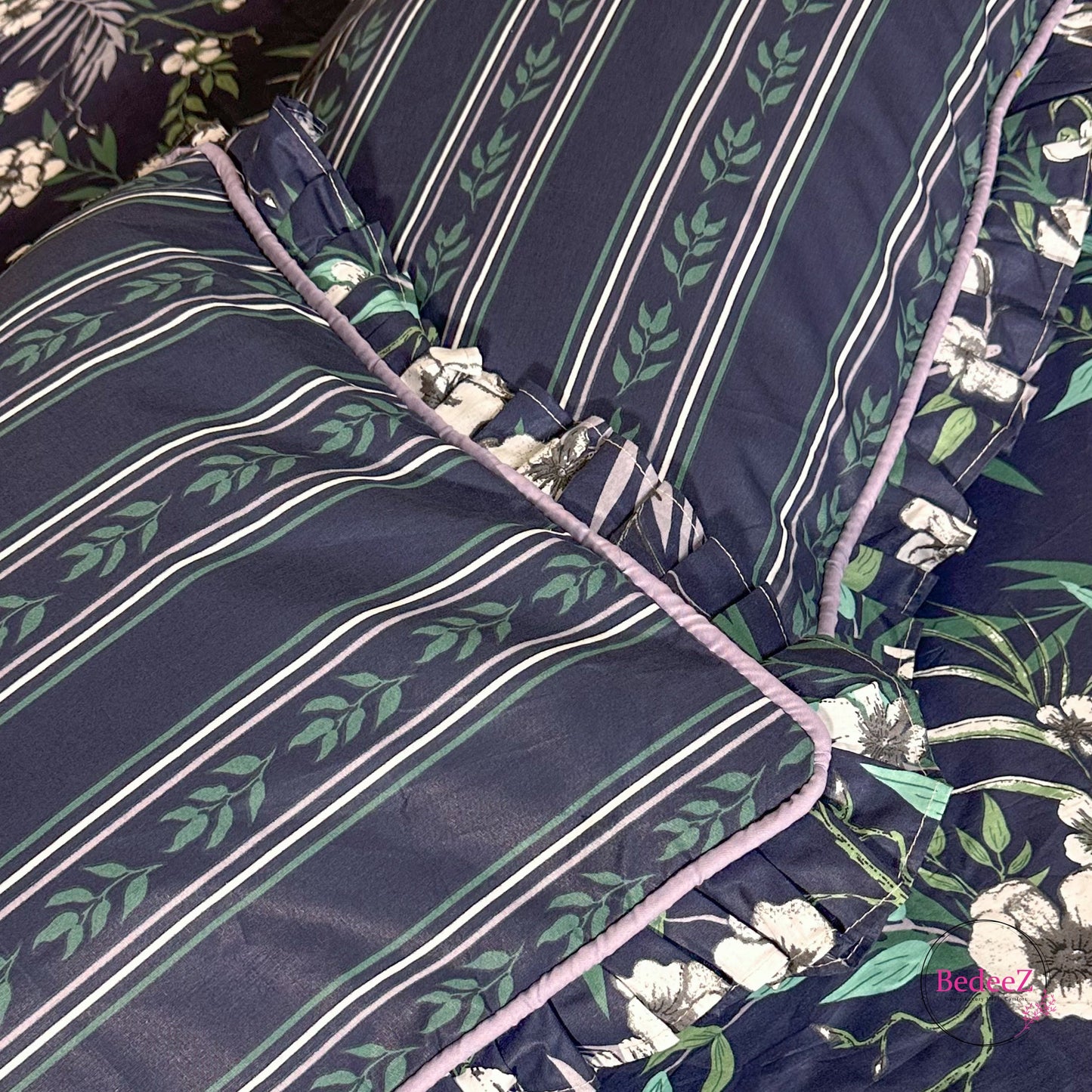Midnight Blue Floral Frill Cotton Bedsheet (4)
