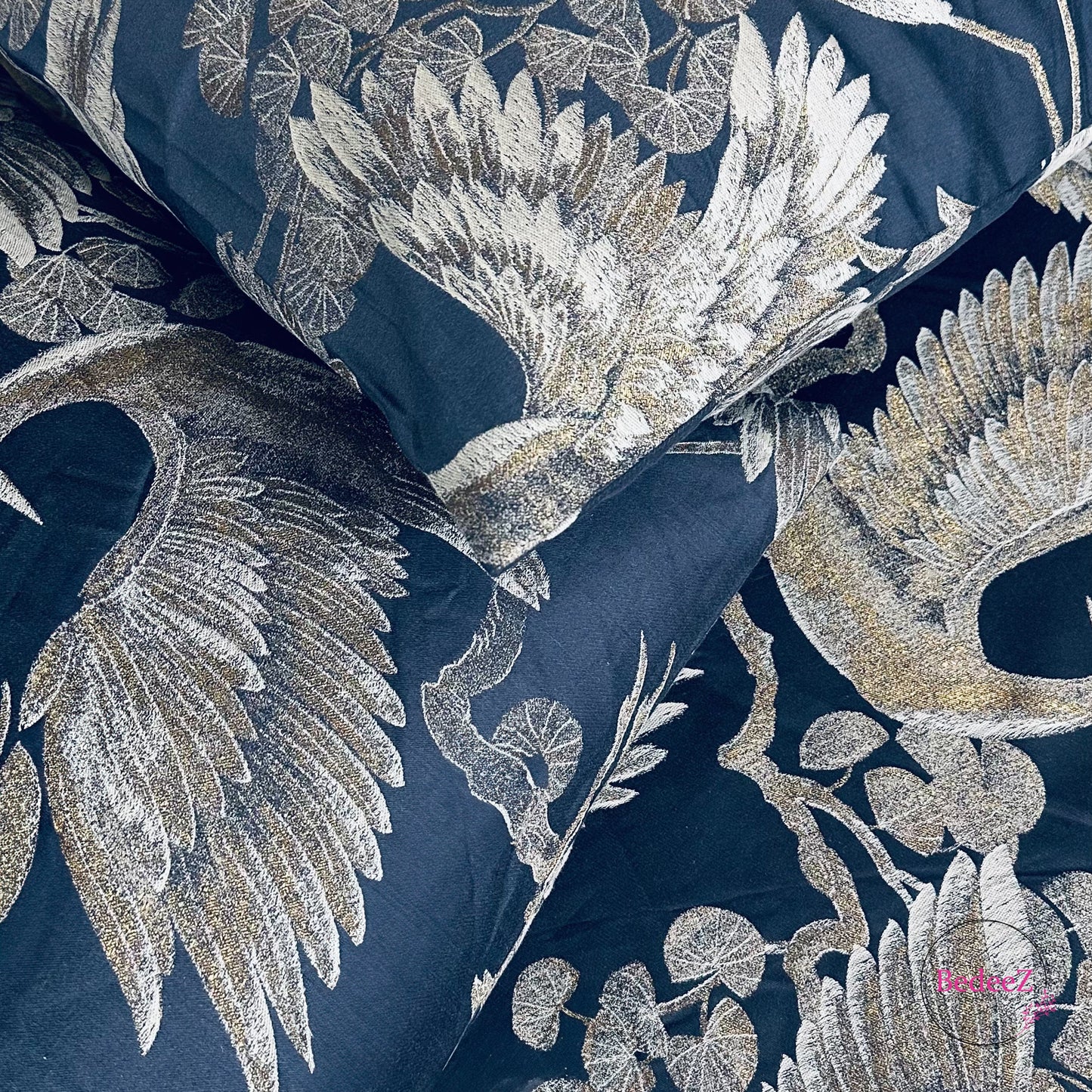 Majestic Cranes Midnight Blue Double Bedsheet Set (3)