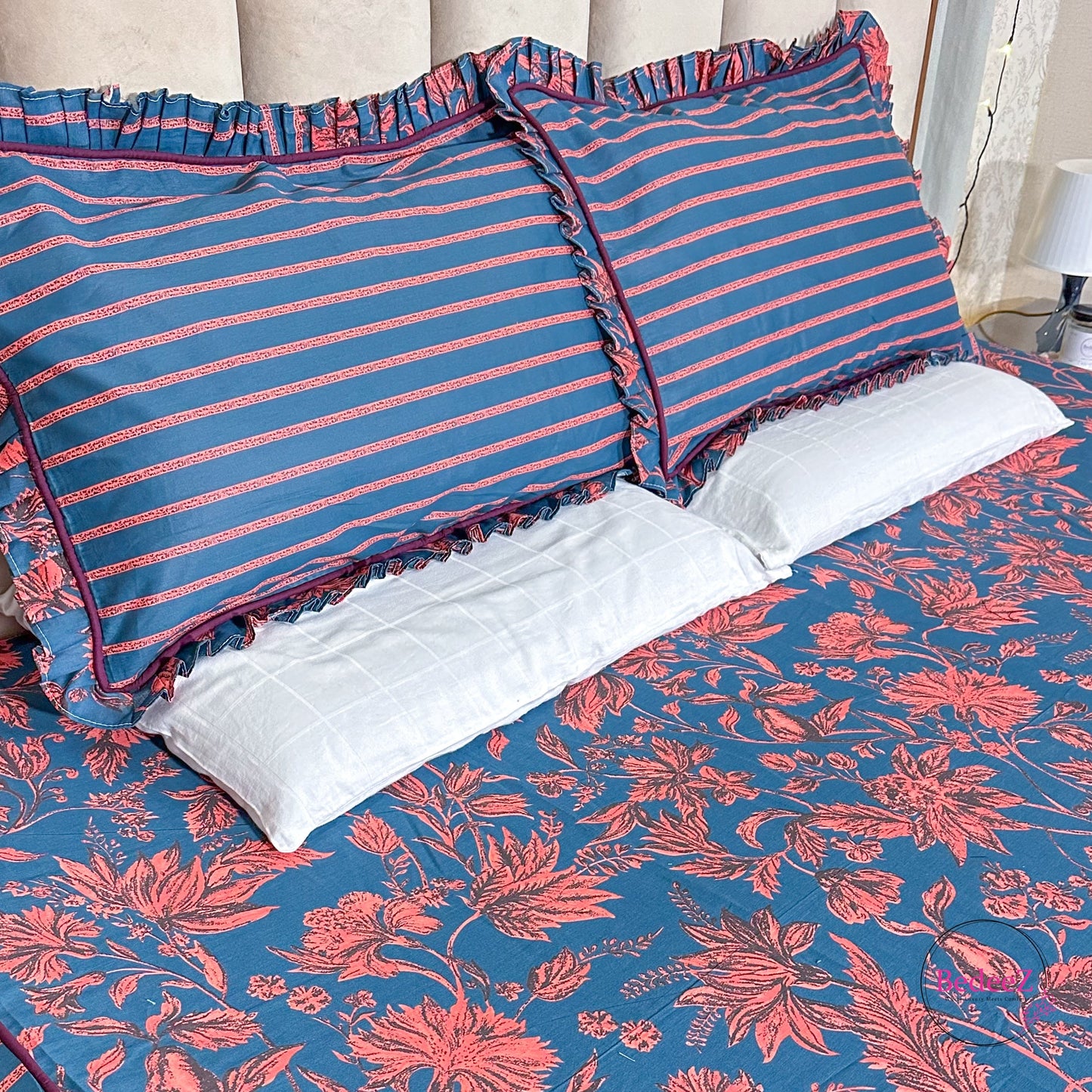 Royal Blue & Red Floral Frill Cotton Bedsheet (2)