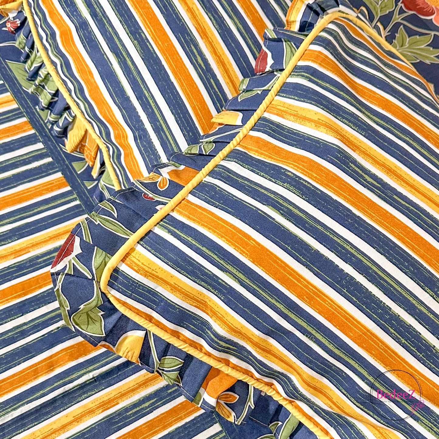 Navy Blue Floral & Striped Frill Cotton Bedsheet (4)