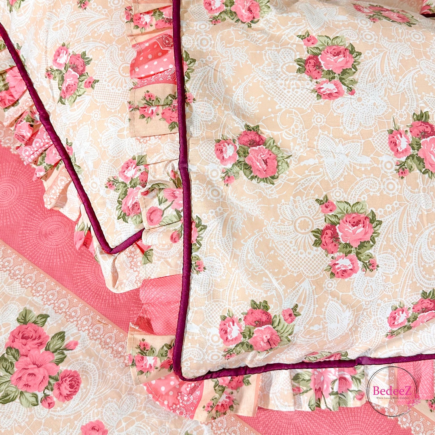 Romantic Pink Floral Frill Cotton Bedsheet (3)