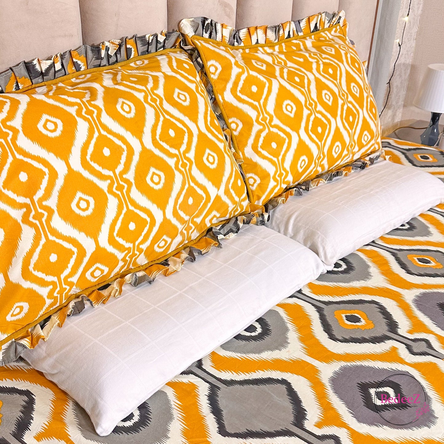 Vibrant Yellow Ikat Print Cotton Frill Bedsheet (2)