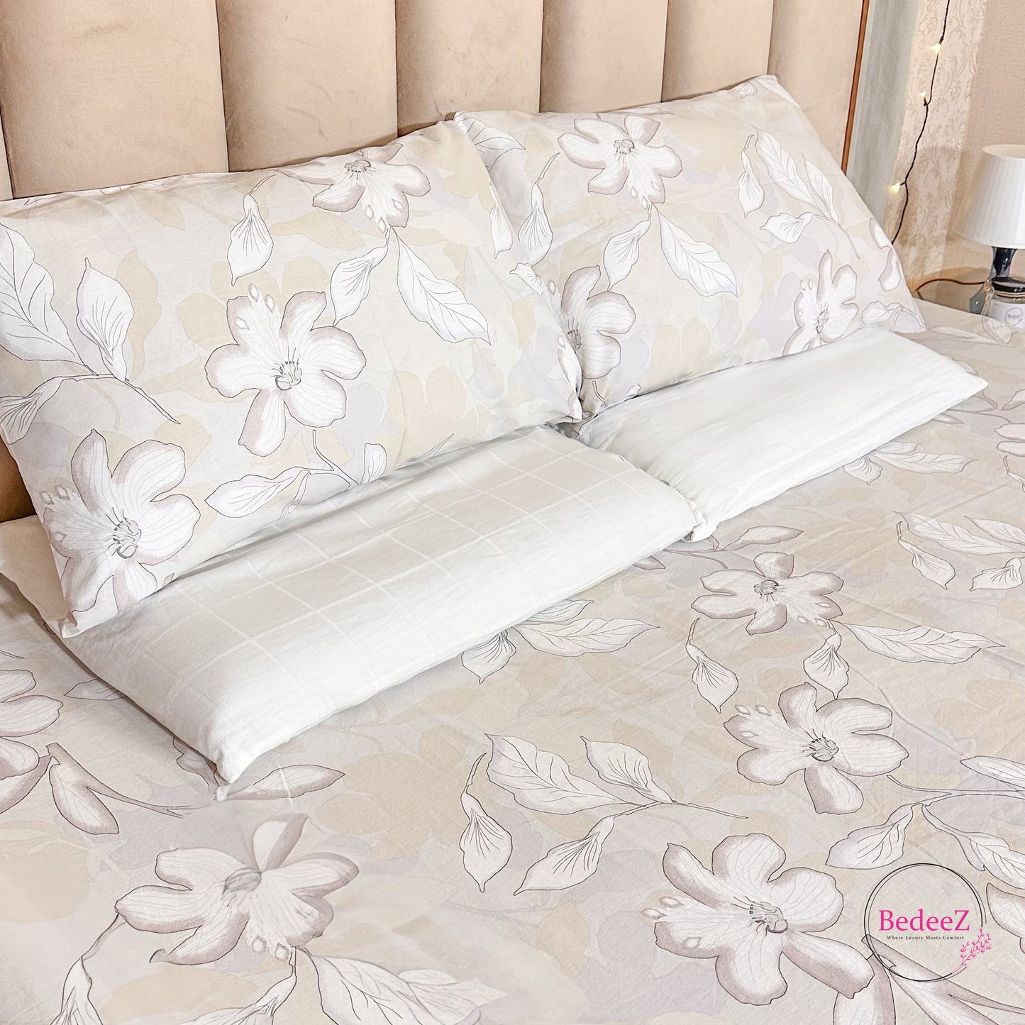 Soft Beige Floral Cotton Double Bed Bedsheet (2)