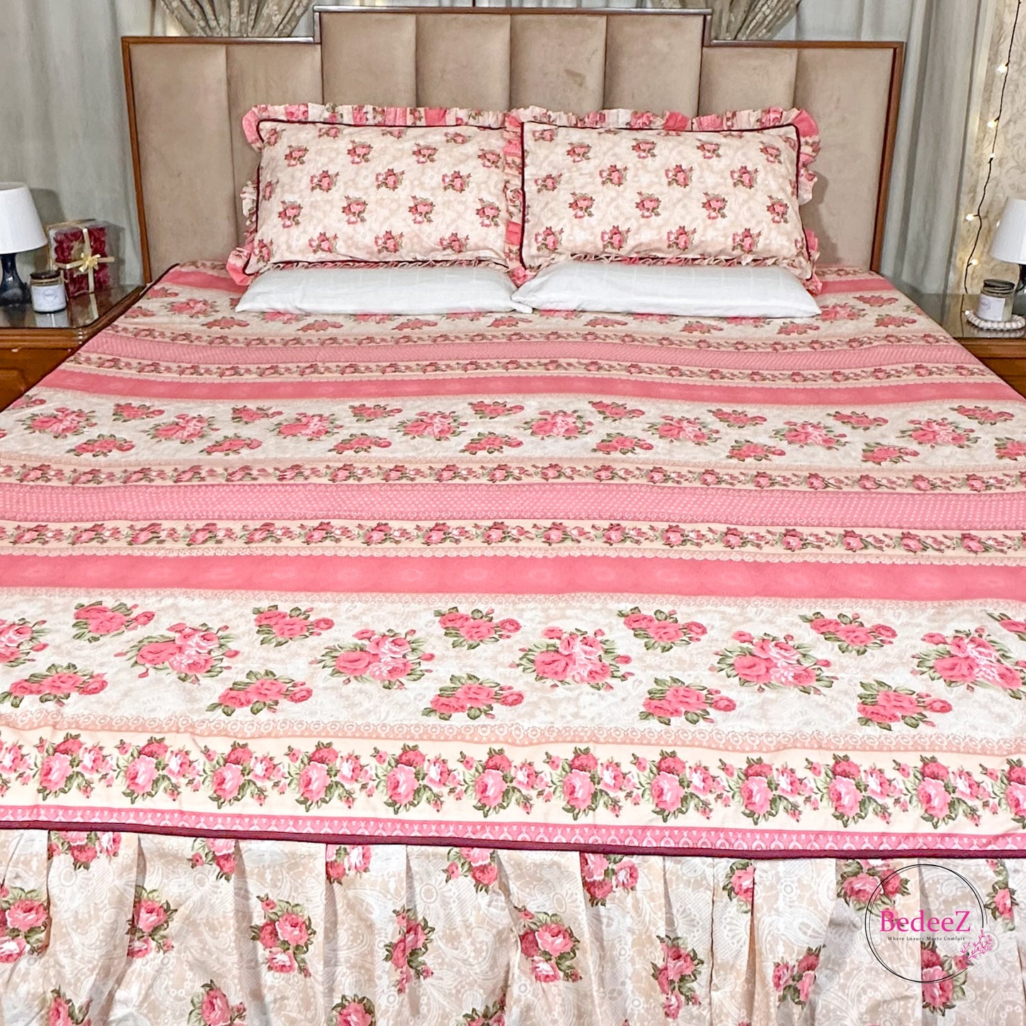 Romantic Pink Floral Frill Cotton Bedsheet (1)