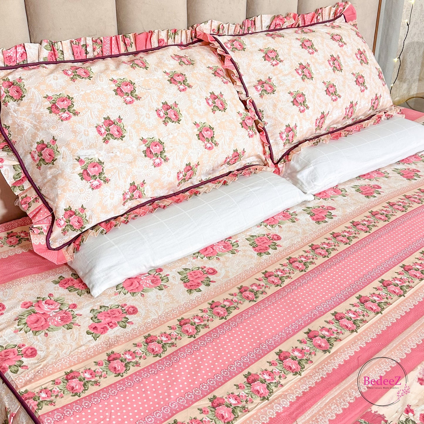 Romantic Pink Floral Frill Cotton Bedsheet (2)