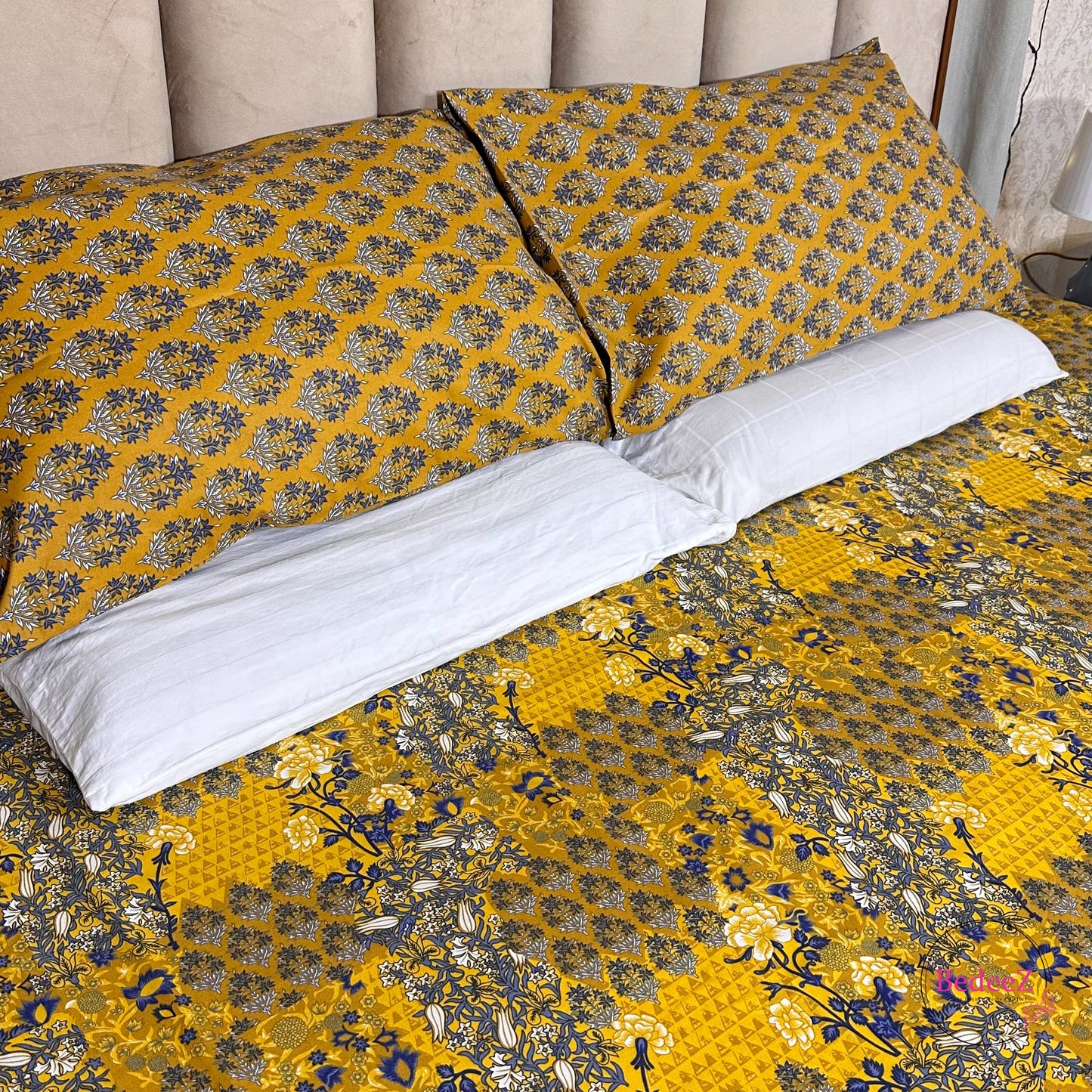 Royal Mustard & Blue Floral Double Bed Bedsheet Set