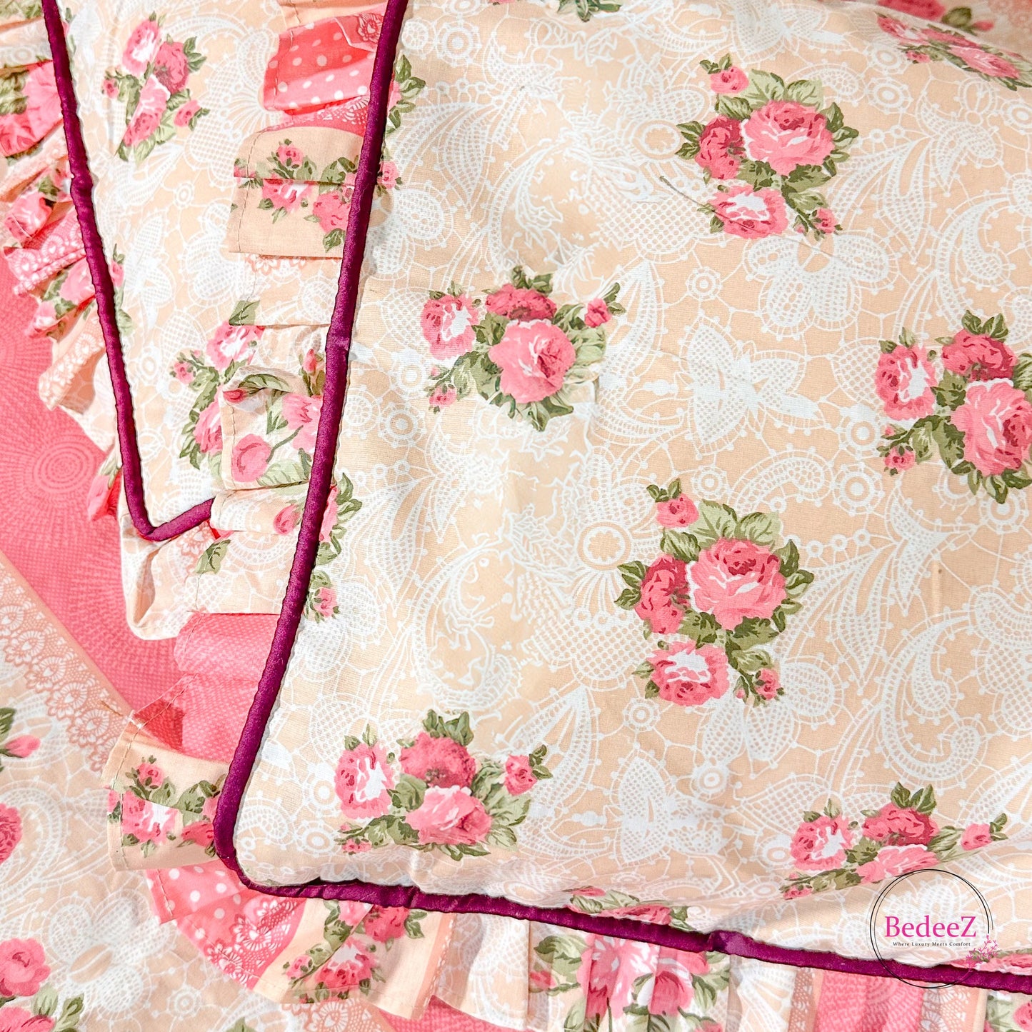 Romantic Pink Floral Frill Cotton Bedsheet (4)