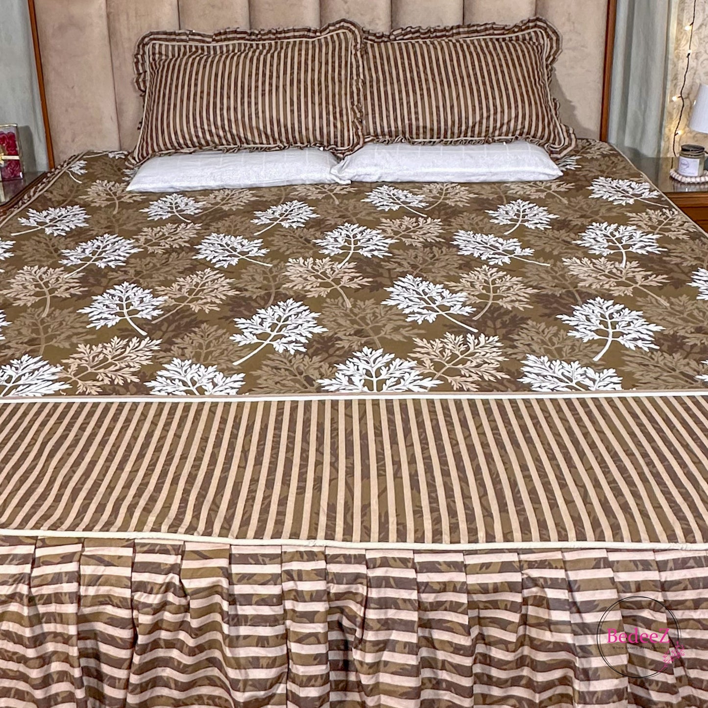 Earthy Brown Tree Print Frill Cotton Bedsheet (1)