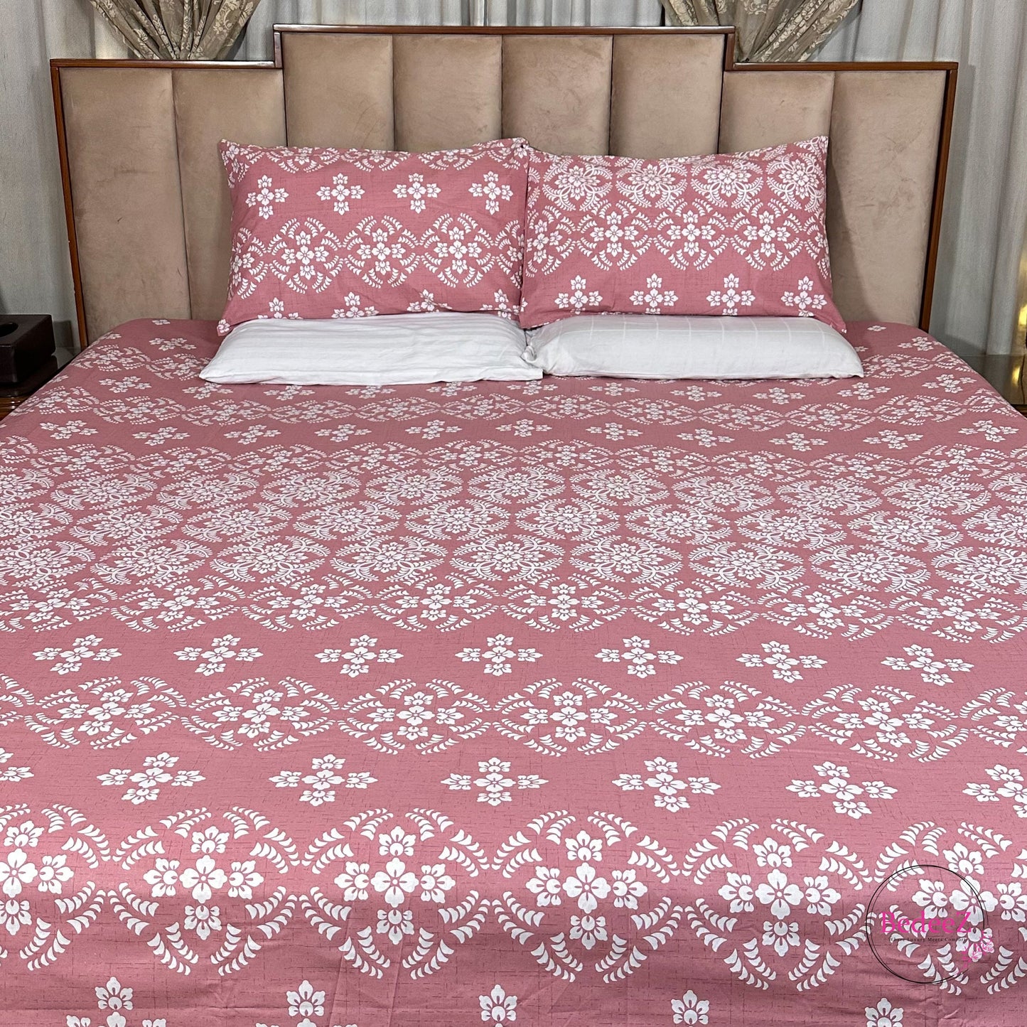 Blush Pink Floral Elegance Double Bed Bedsheet Set