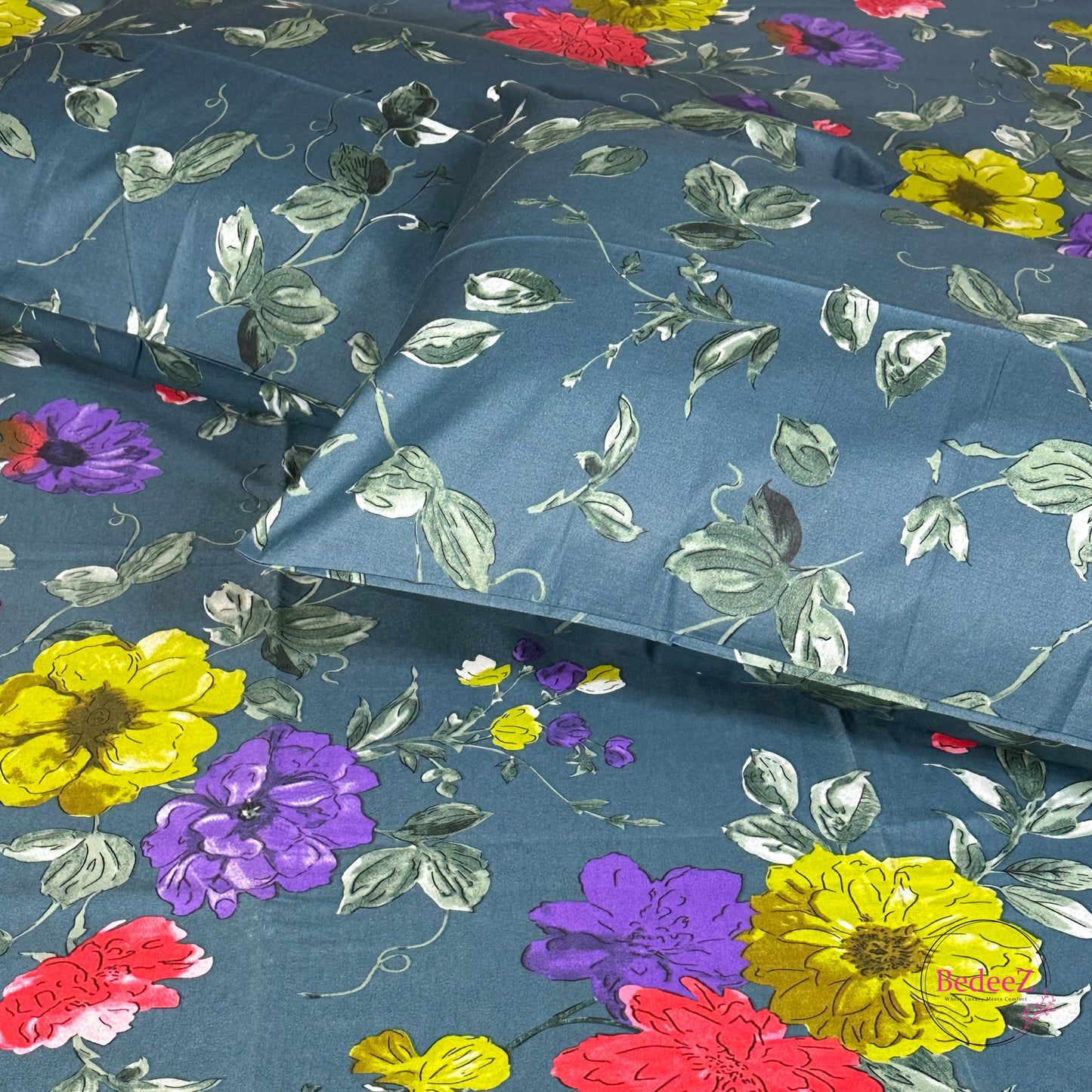 Vibrant Bloom Teal Floral Double Bed Bedsheet Set