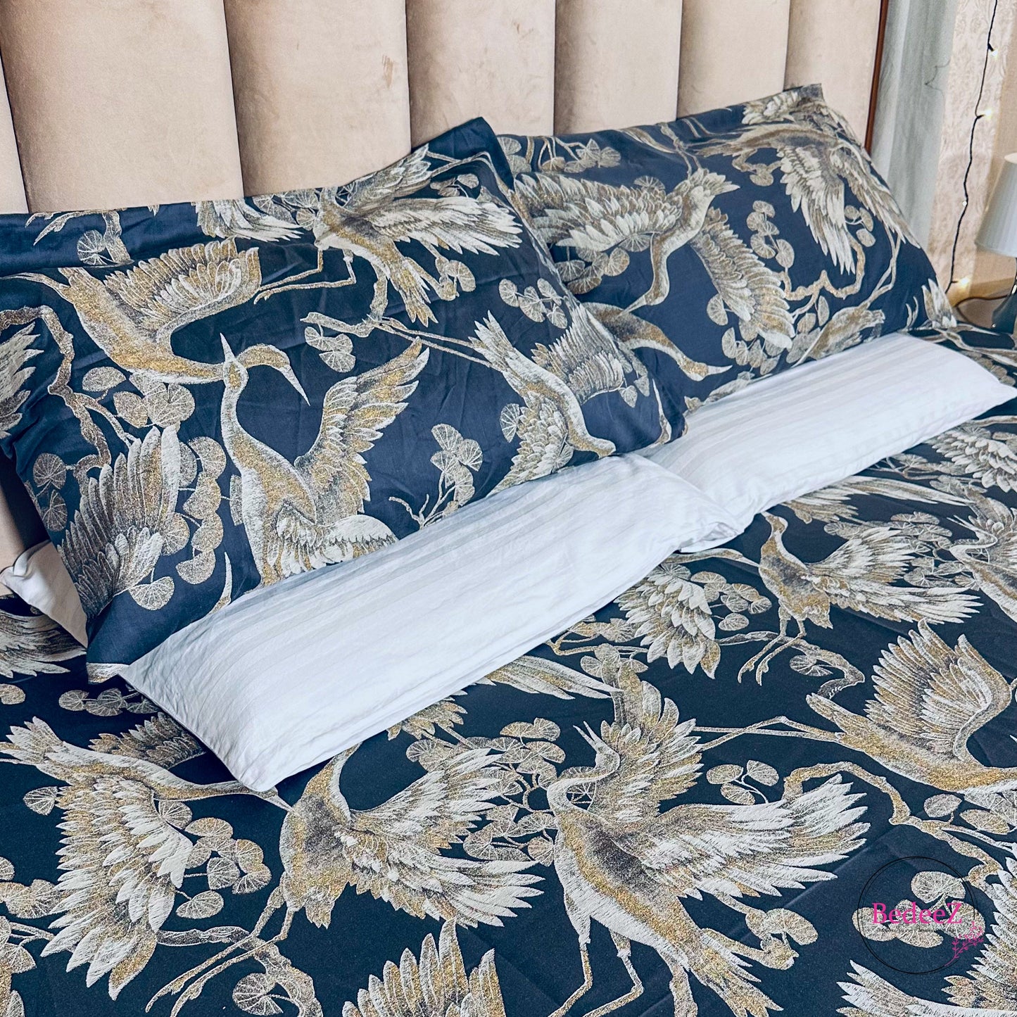 Majestic Cranes Midnight Blue Double Bedsheet Set (2)