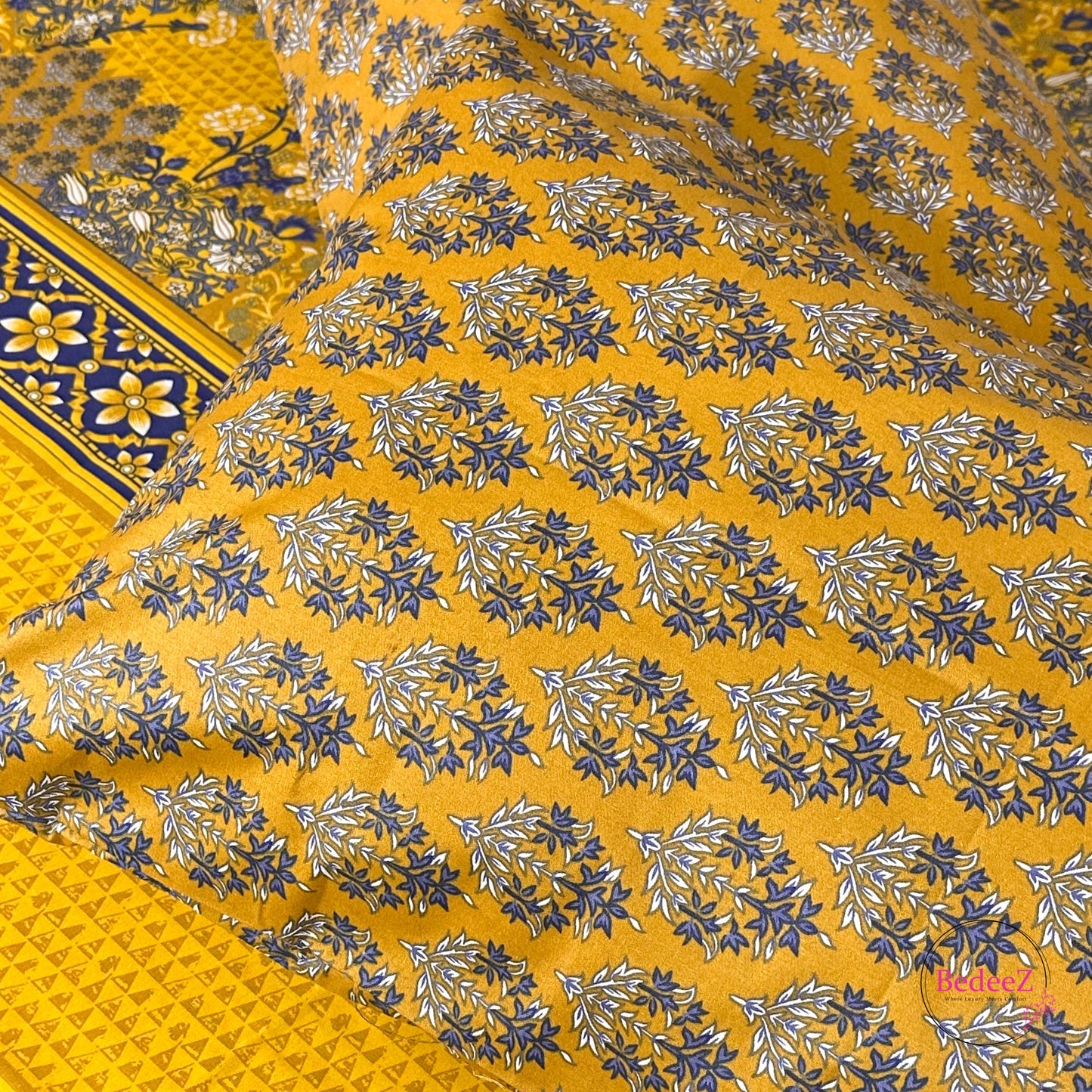Royal Mustard & Blue Floral Double Bed Bedsheet Set