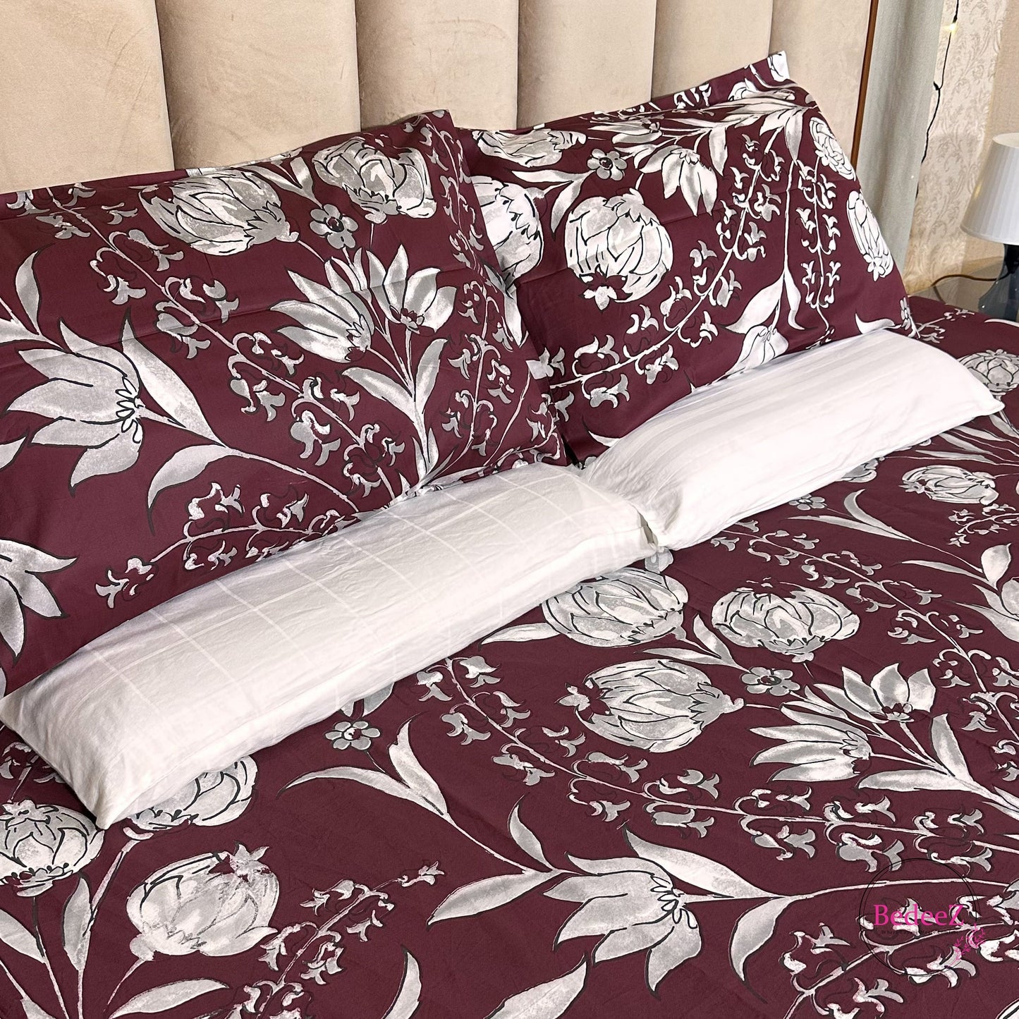 Royal Maroon Floral Double Bed Bedsheet Set (2)