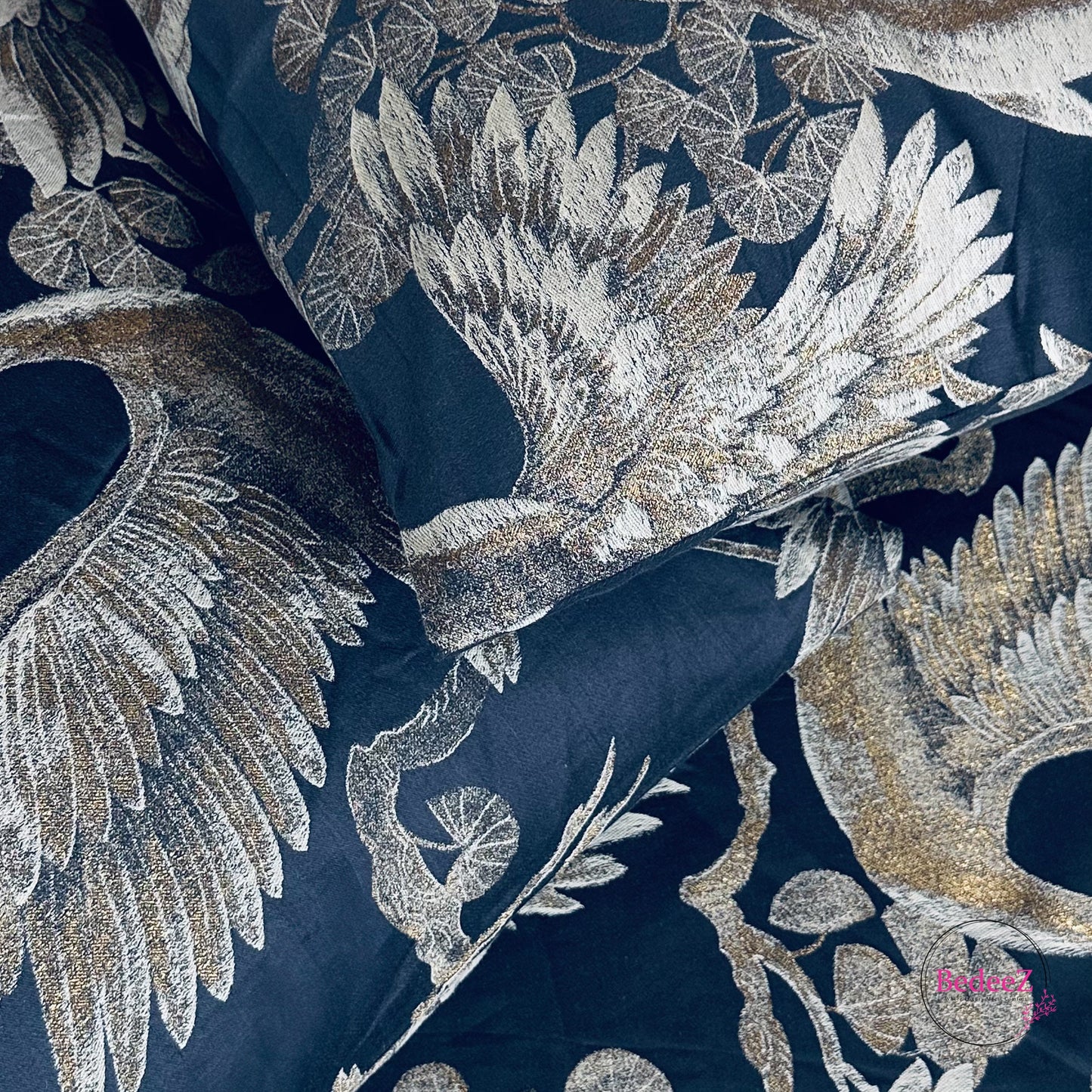 Majestic Cranes Midnight Blue Double Bedsheet Set (4)
