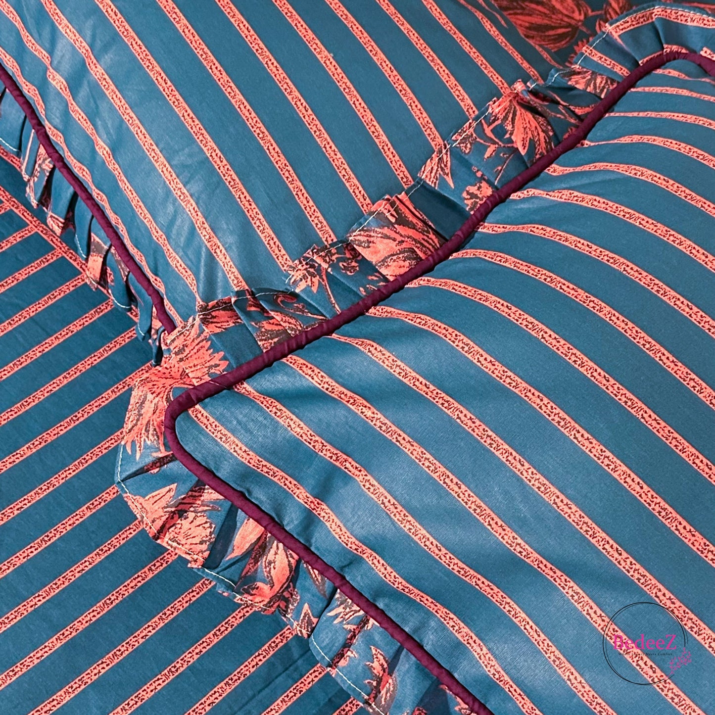 Royal Blue & Red Floral Frill Cotton Bedsheet (4)