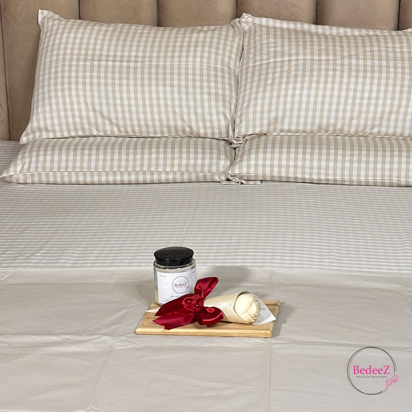 Classic Ivory & Beige Gingham Quilt Cover Double Bed Bedsheet Set (4)