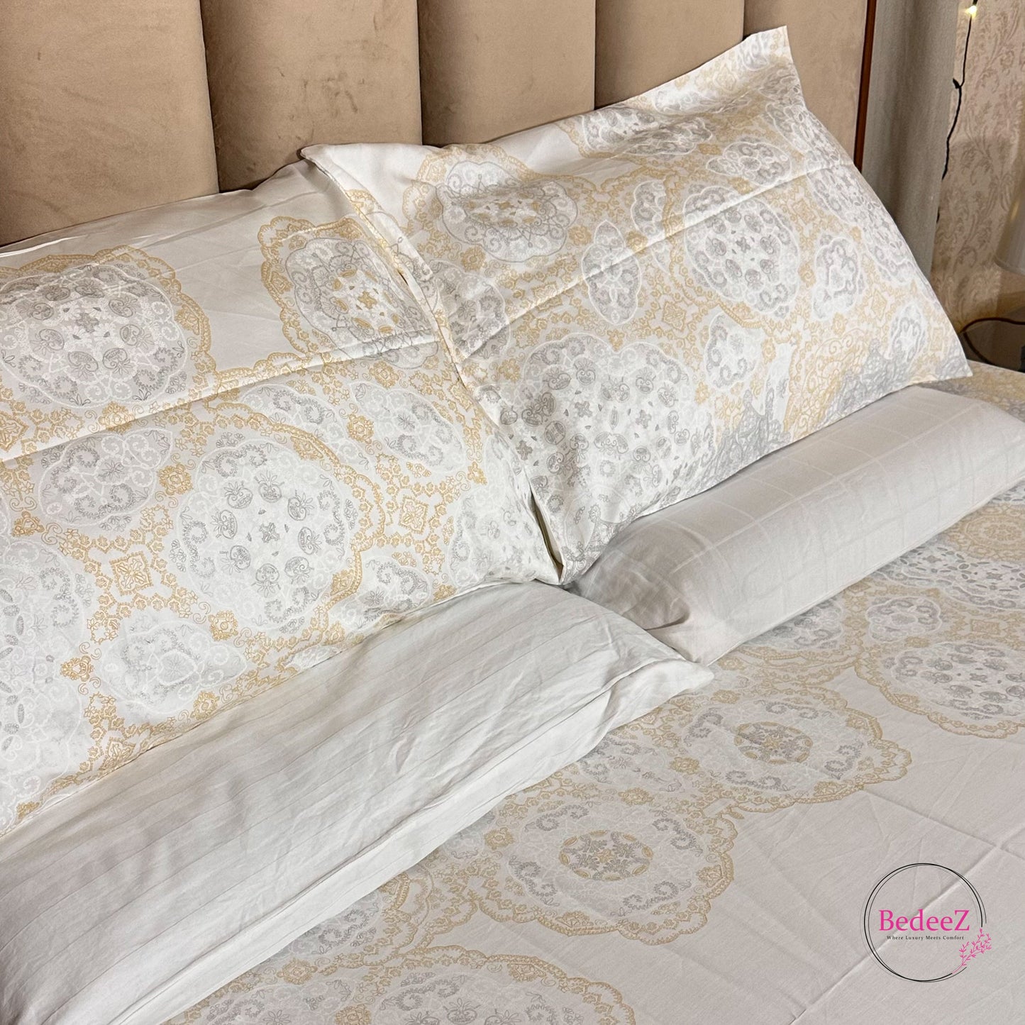 Royal Ivory & Gold Luxury Double Bed Bedsheet Set (2)