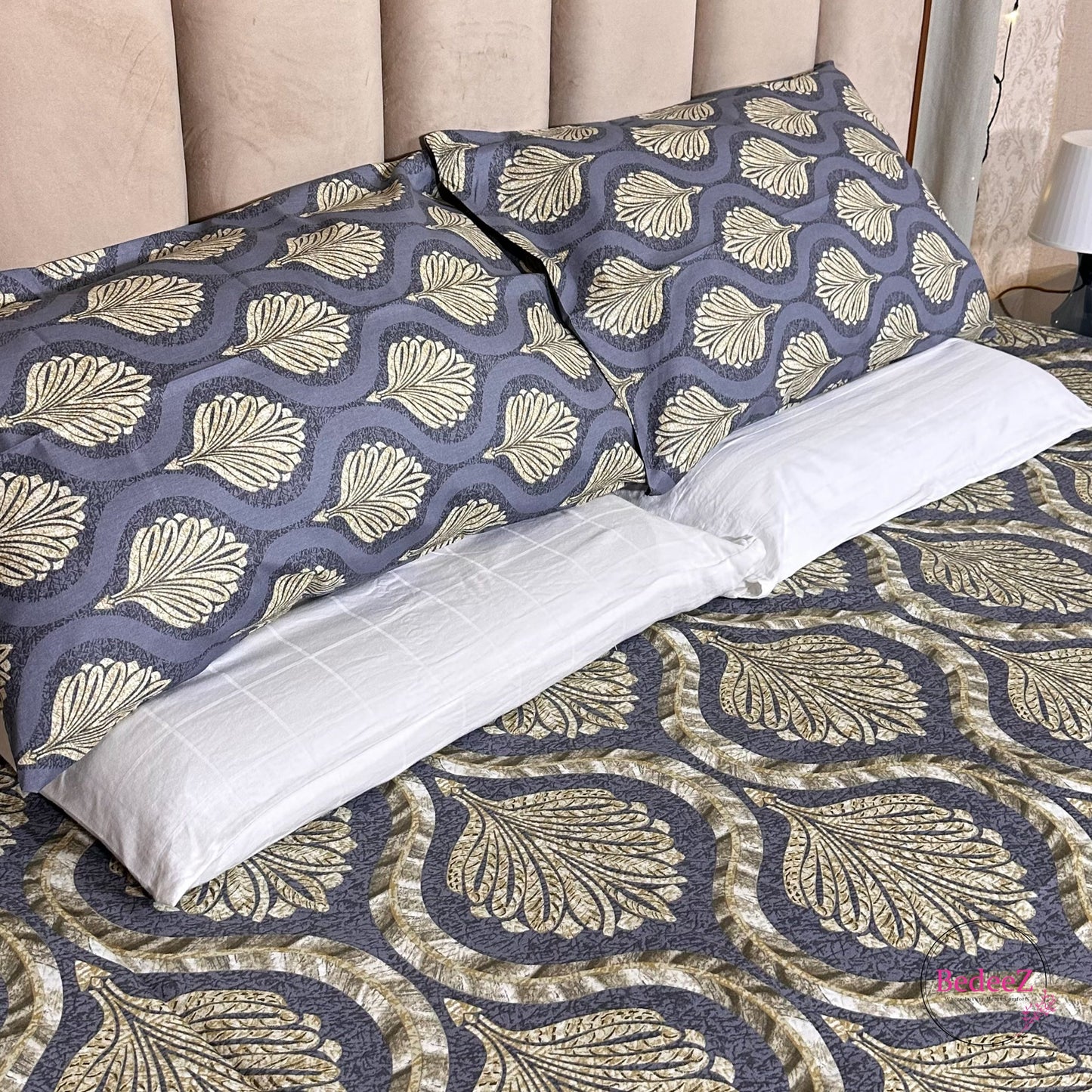 Regal Gold & Blue Royal Pattern Double Bed Bedsheet Set