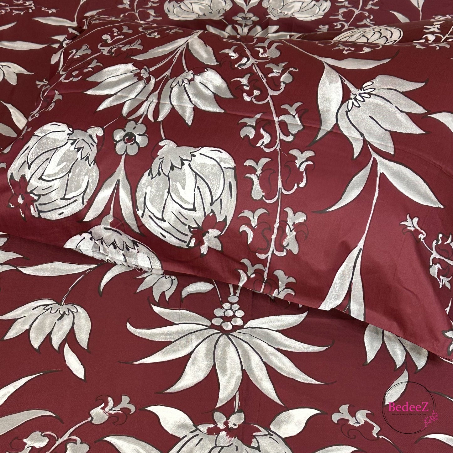 Royal Maroon Floral Double Bed Bedsheet Set (3)