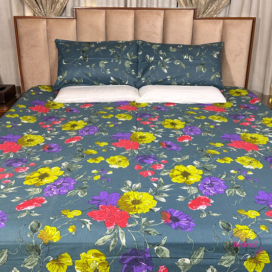 Vibrant Bloom Teal Floral Double Bed Bedsheet Set