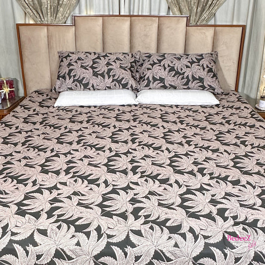 Elegant Black & Beige Leaf Print Cotton Double Bed Bedsheet (1)