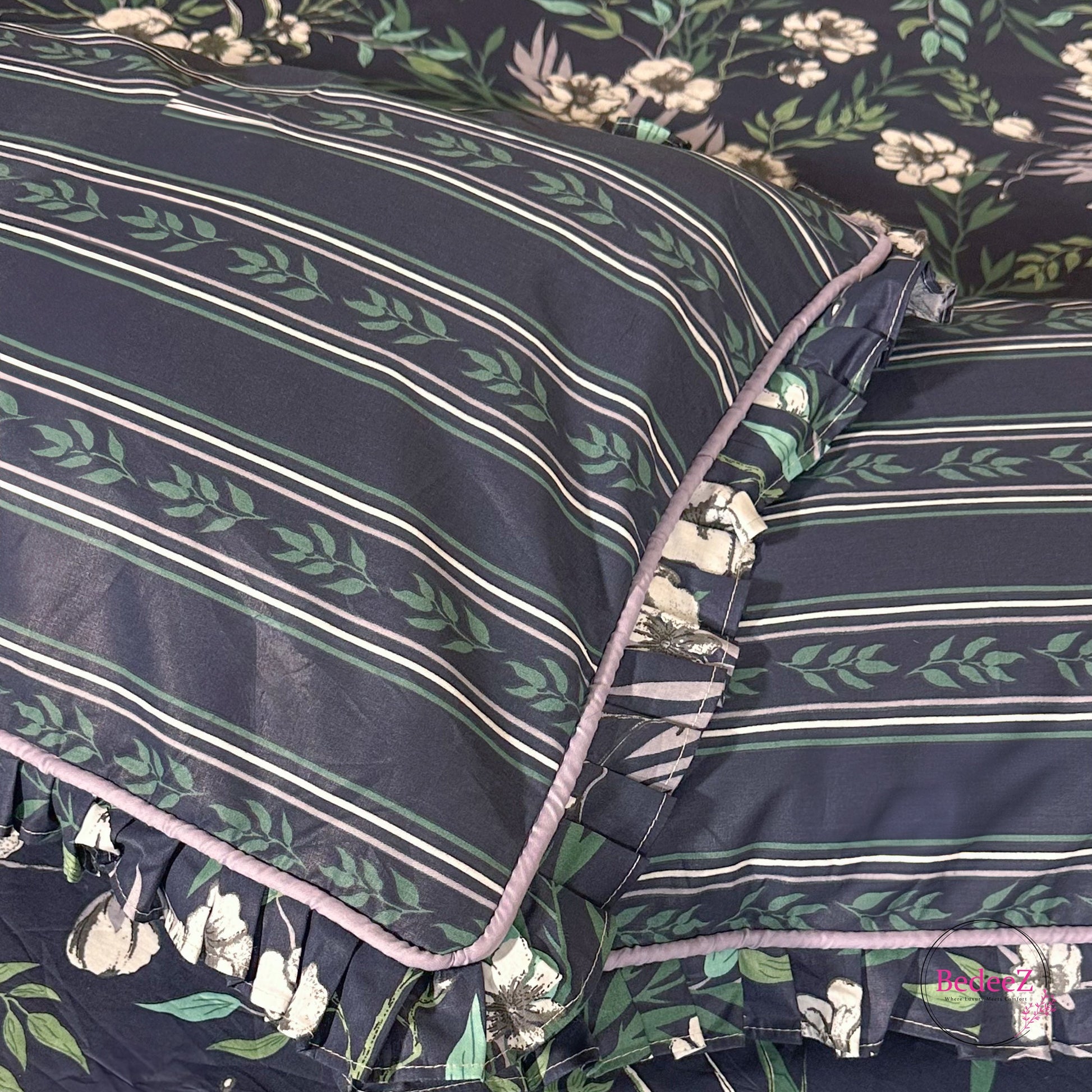 Midnight Blue Floral Frill Cotton Bedsheet (3)