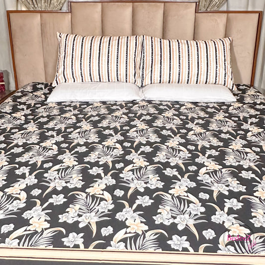Elegant Black Floral Cotton Double Bed Bedsheet (1)