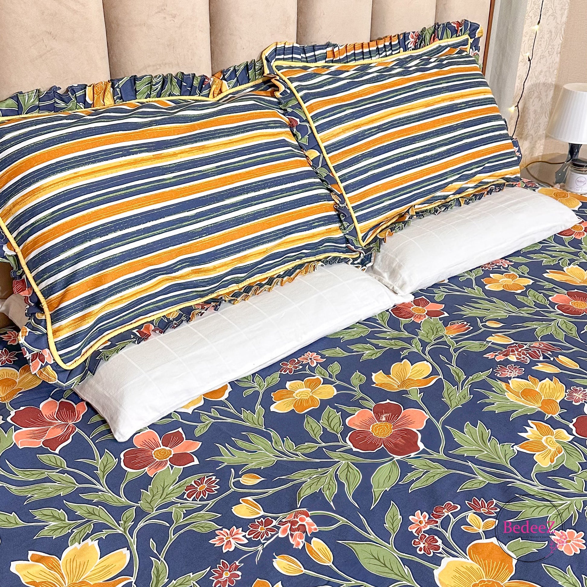 Navy Blue Floral & Striped Frill Cotton Bedsheet (2)