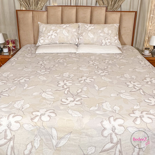 Soft Beige Floral Cotton Double Bed Bedsheet (1)