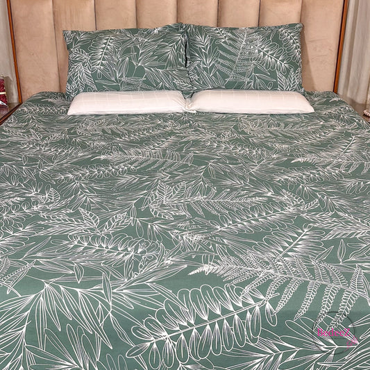 Tropical Green Leaf Print Cotton Double Bed Bedsheet (1)