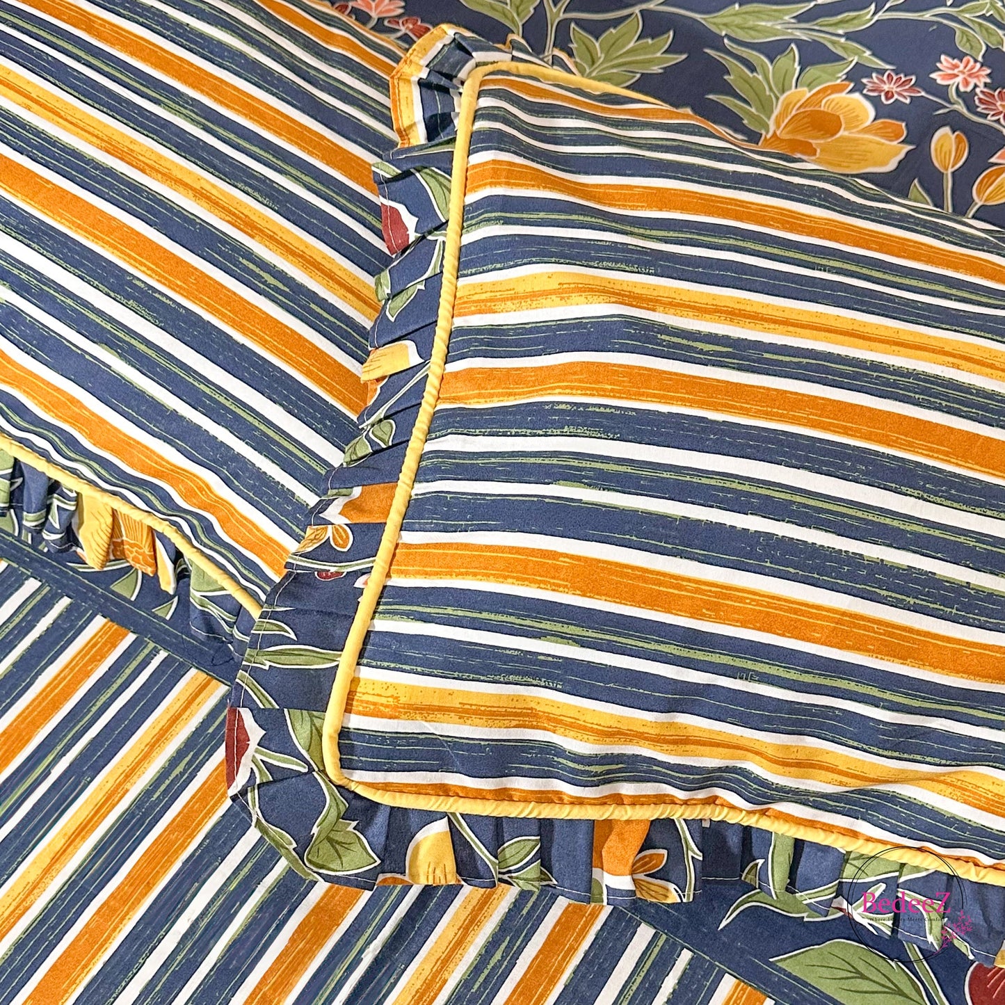 Navy Blue Floral & Striped Frill Cotton Bedsheet (3)