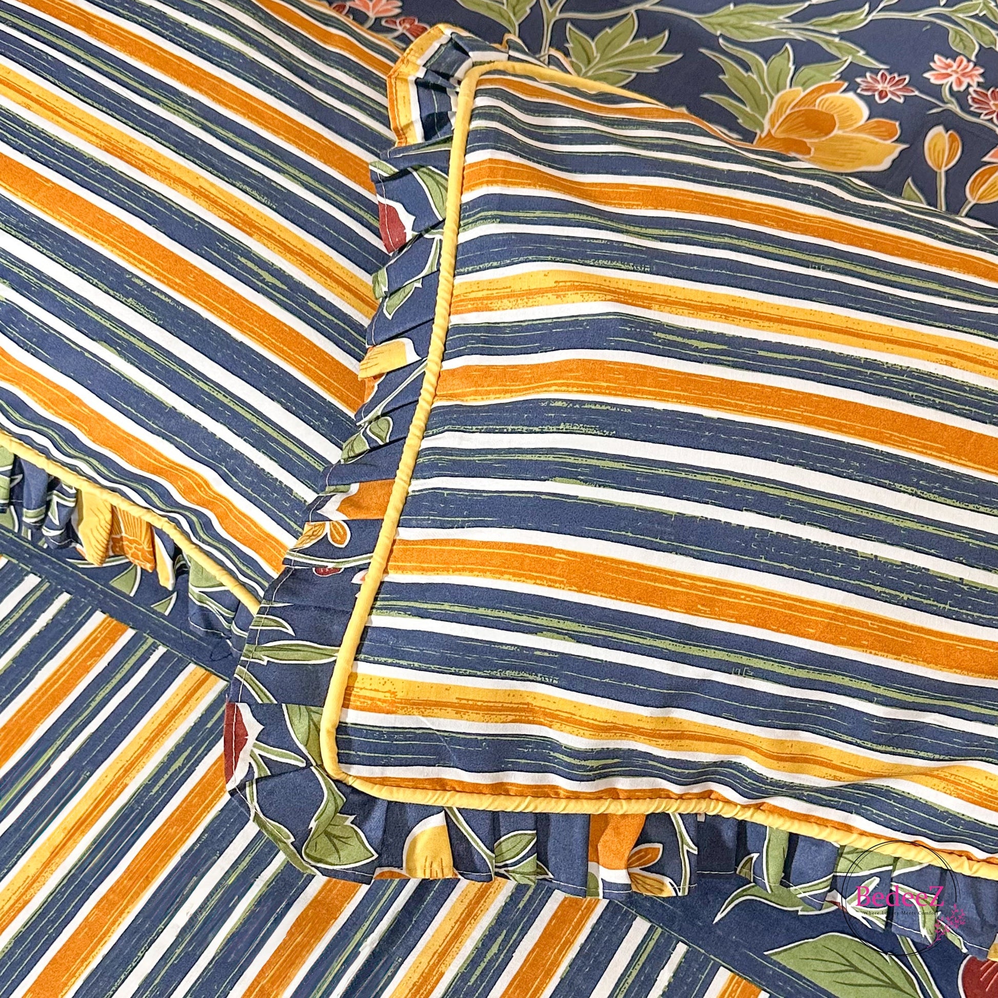 Navy Blue Floral & Striped Frill Cotton Bedsheet (3)