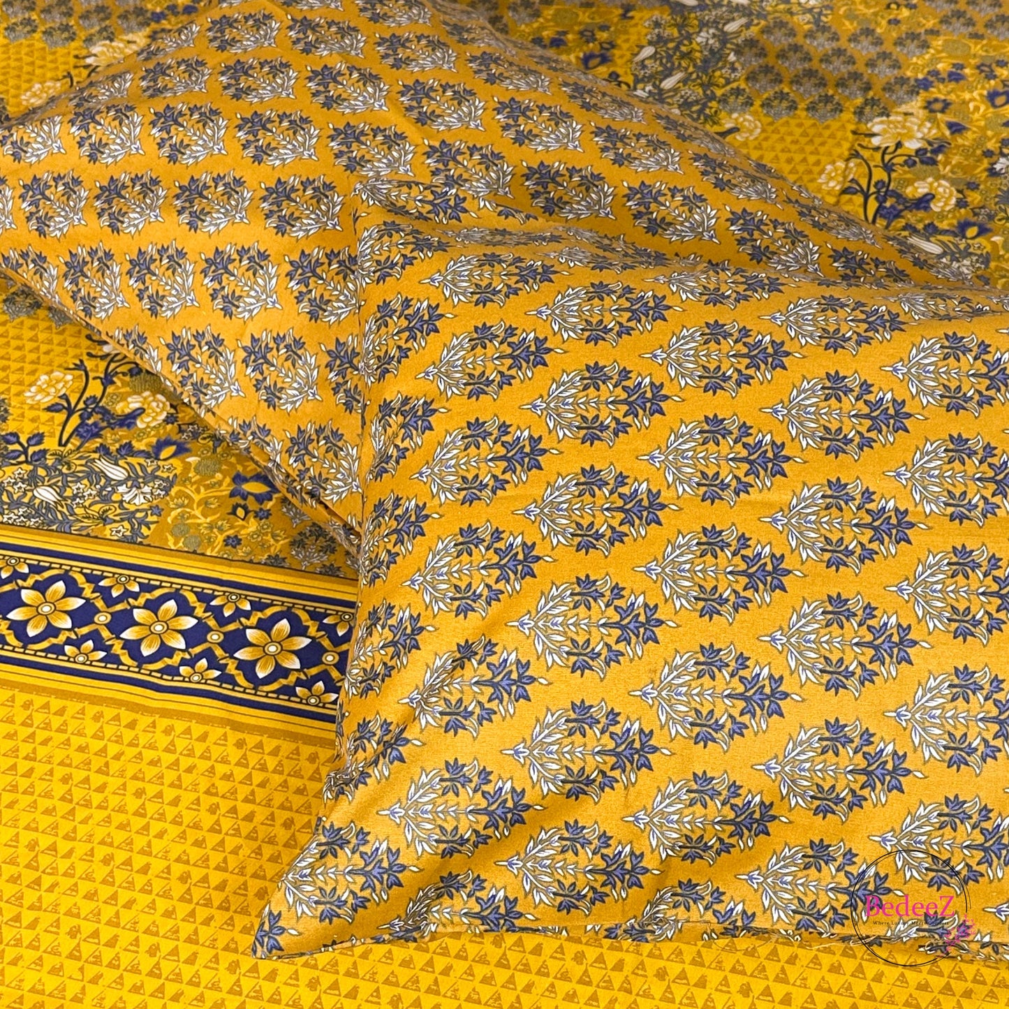 Royal Mustard & Blue Floral Double Bed Bedsheet Set