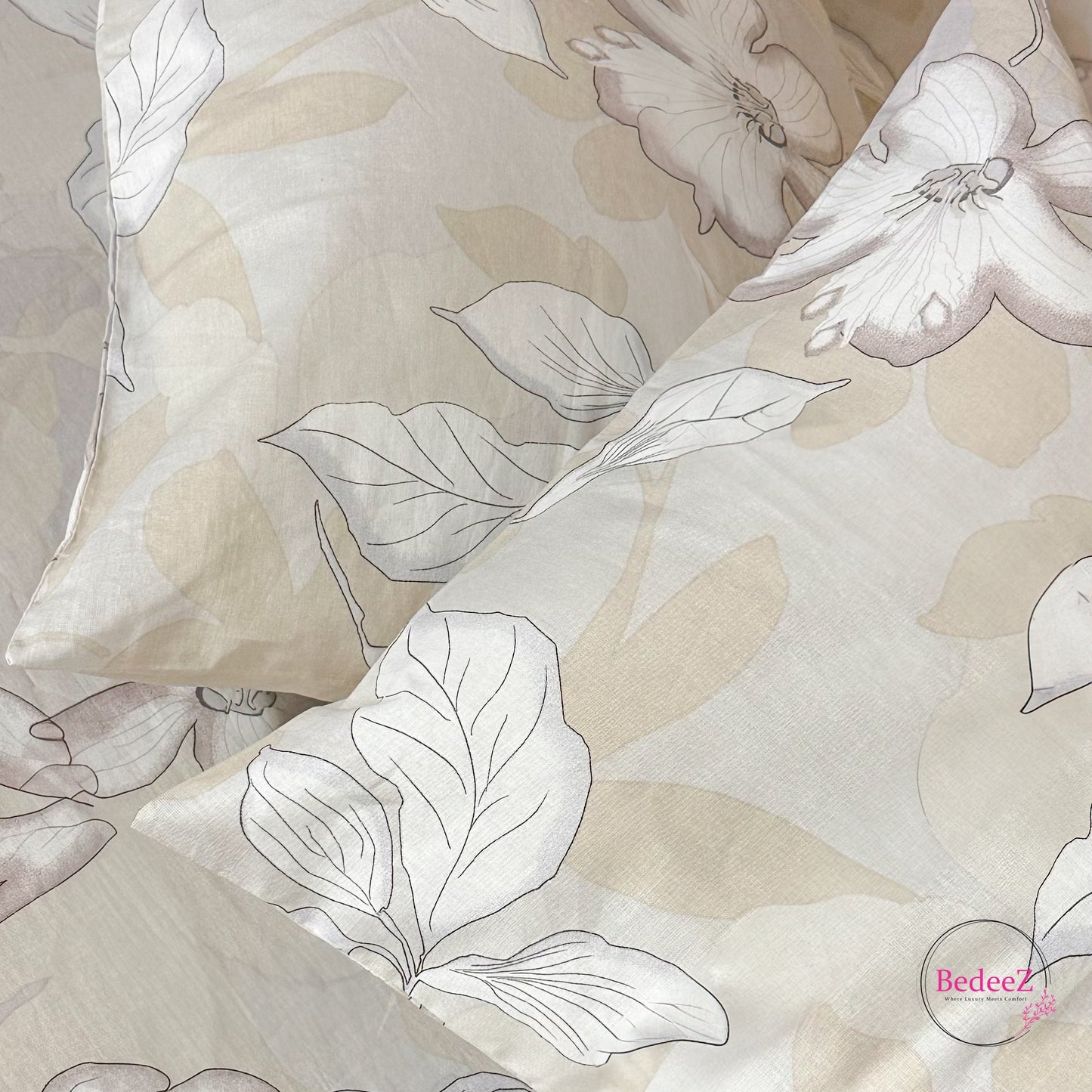 Soft Beige Floral Cotton Double Bed Bedsheet (4)