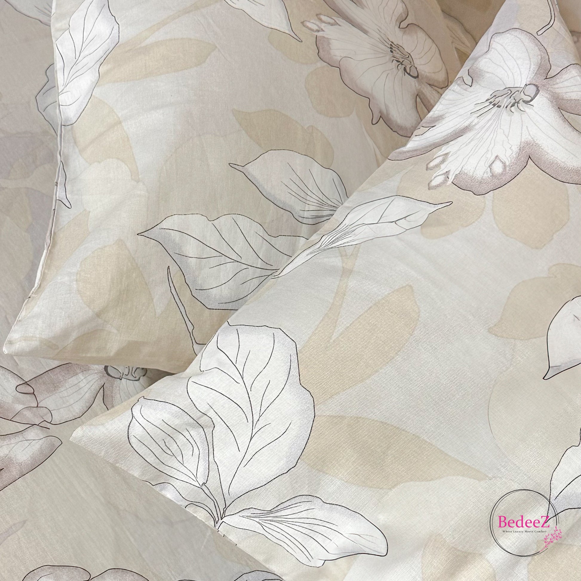 Soft Beige Floral Cotton Double Bed Bedsheet (4)