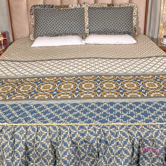Royal Blue Geometric Frill Cotton Bedsheet (1)