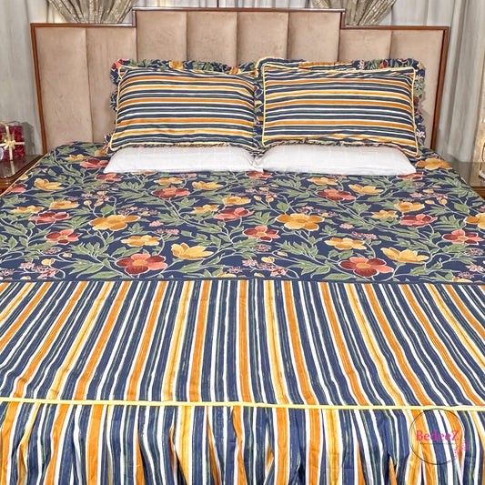Navy Blue Floral & Striped Frill Cotton Bedsheet (1)