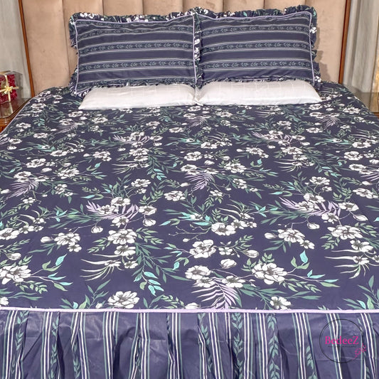 Midnight Blue Floral Frill Cotton Bedsheet (1)