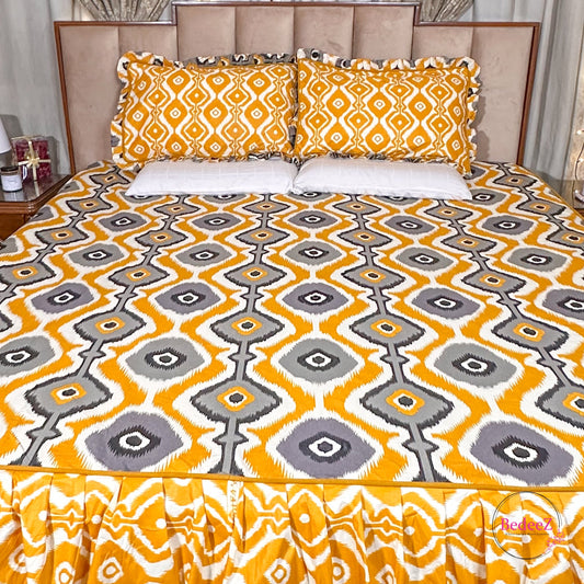 Vibrant Yellow Ikat Print Cotton Frill Bedsheet (1)