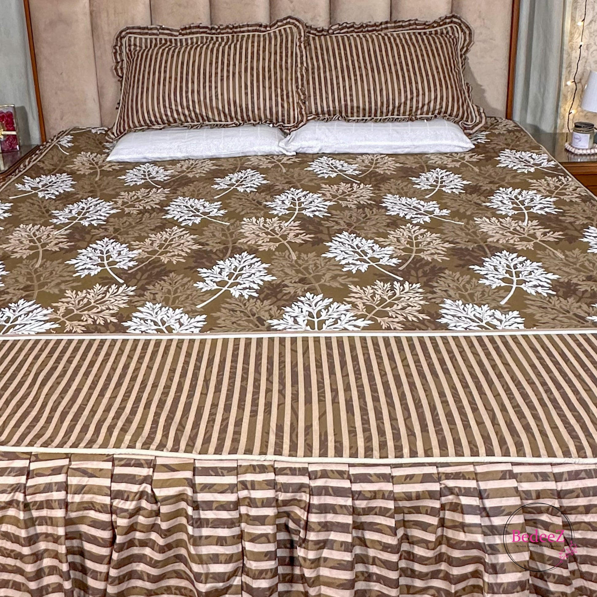 Earthy Brown Tree Print Frill Cotton Bedsheet (1)