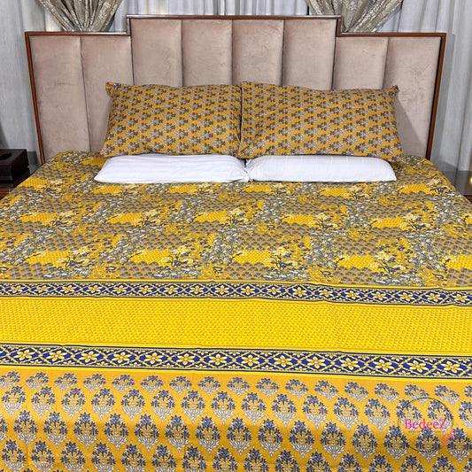 Royal Mustard & Blue Floral Double Bed Bedsheet Set
