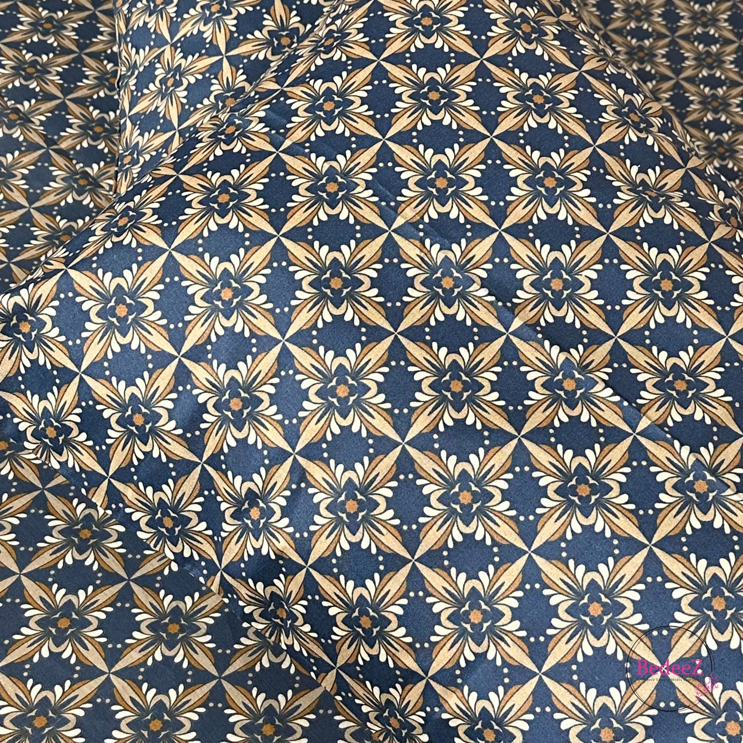 Navy Blue & Beige Geometric Elegance Double Bed Bedsheet Set