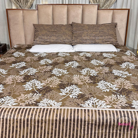 Earthy Brown Botanical Double Bed Bedsheet Set