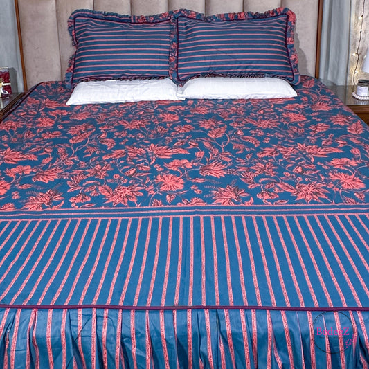 Royal Blue & Red Floral Frill Cotton Bedsheet (1)