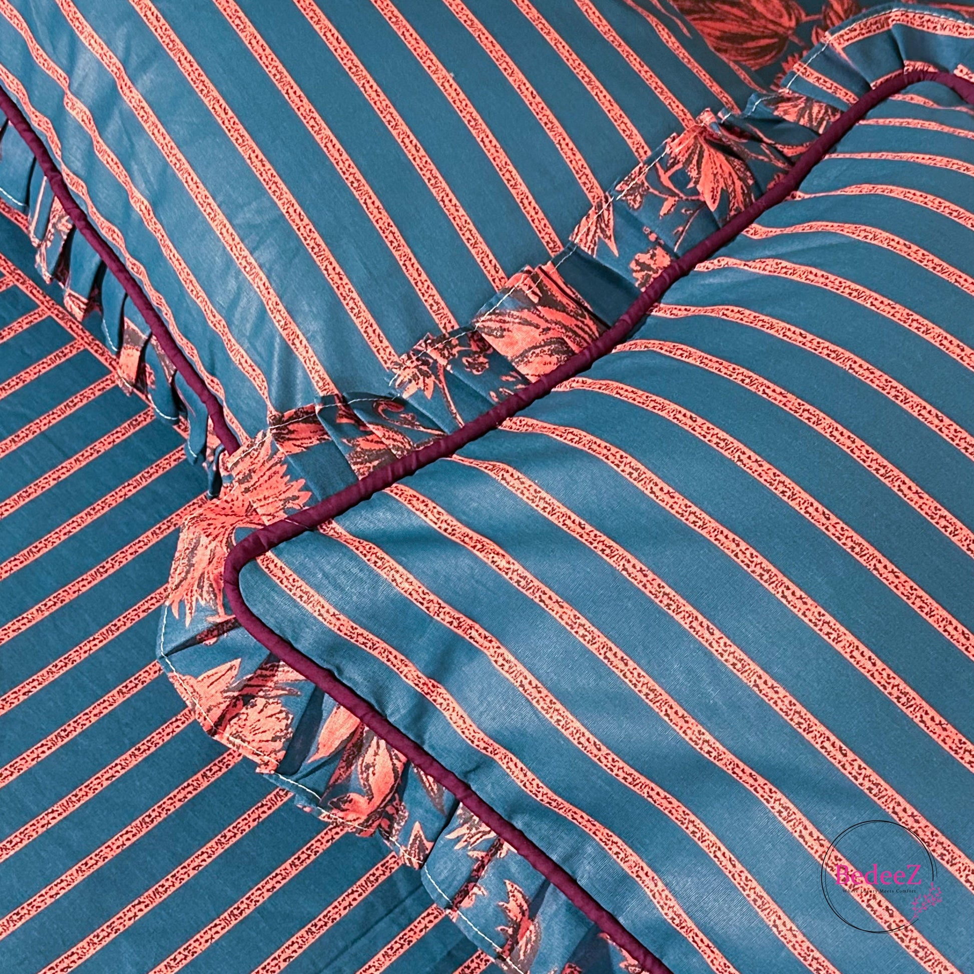Royal Blue & Red Floral Frill Cotton Bedsheet (4)