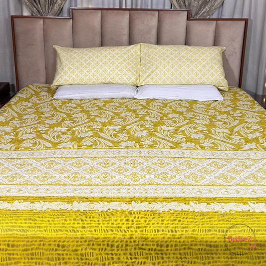 Sunshine Elegance Yellow & White Double Bed Bedsheet Set