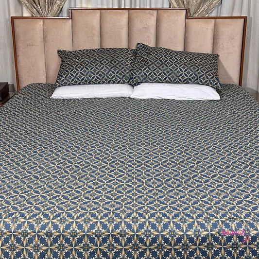 Navy Blue & Beige Geometric Elegance Double Bed Bedsheet Set