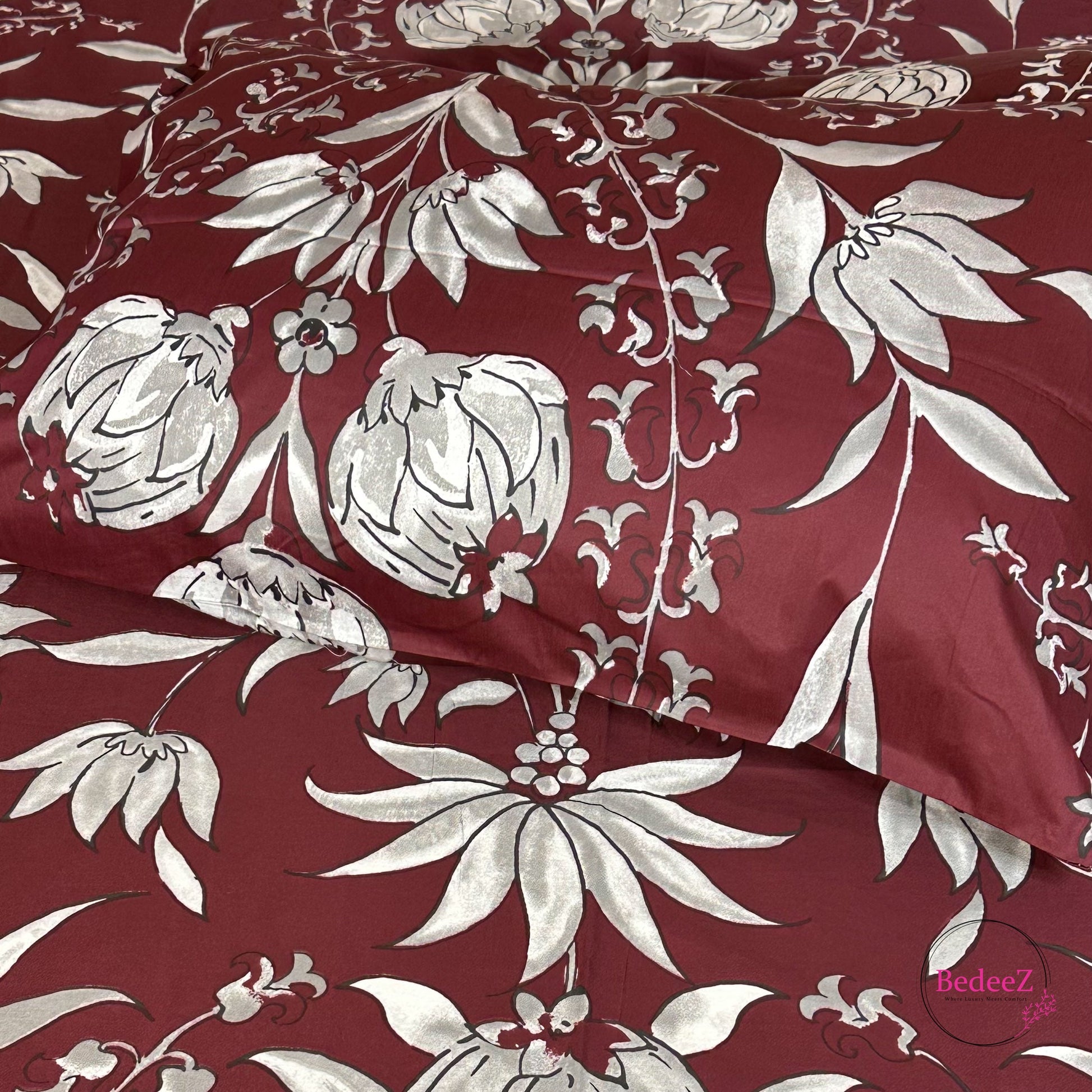 Royal Maroon Floral Double Bed Bedsheet Set (3)
