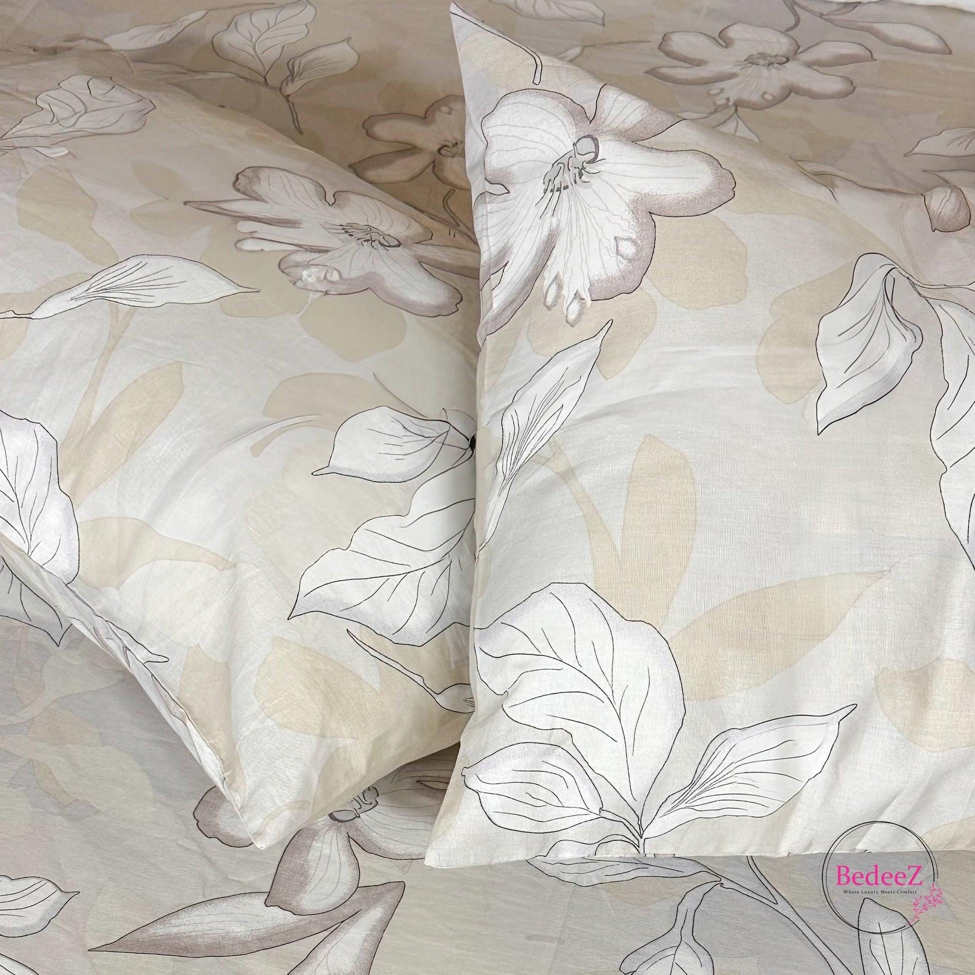 Soft Beige Floral Cotton Double Bed Bedsheet (3)